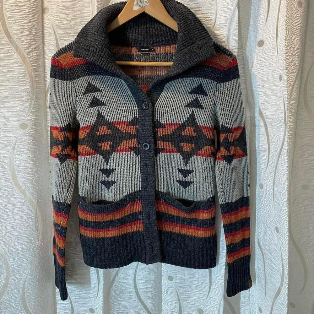Nixon Artisan Cardigan Sweater Womens XS‎ Grey Orange Southwestern Wool S1680 EX